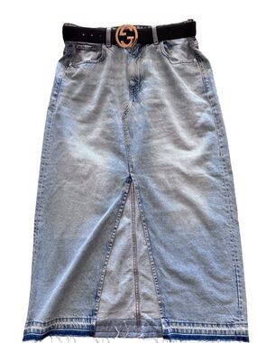 H&M Light Wash Denim Midi Skirt High Waist A-Line Front Slit Trendy
